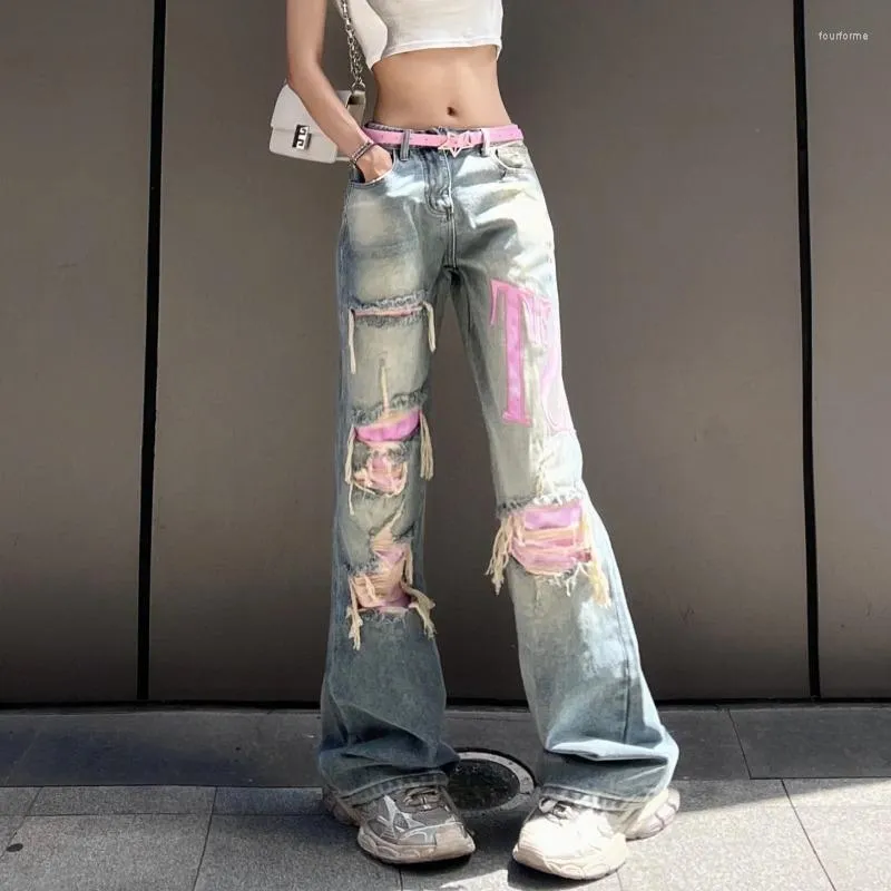 Kvinnors jeans mode rosa tvättade lapp rippade rakt y2k retro gata hiphop damer hög midja breda benbyxor