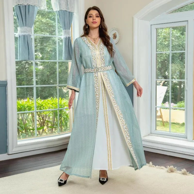 Ethnic Clothing Women Evening Dress Jalabiya Luxury Elegant Robes Two Pieces Set Beaded Diamonds Belt Muslim Middle East Gowns Abaya