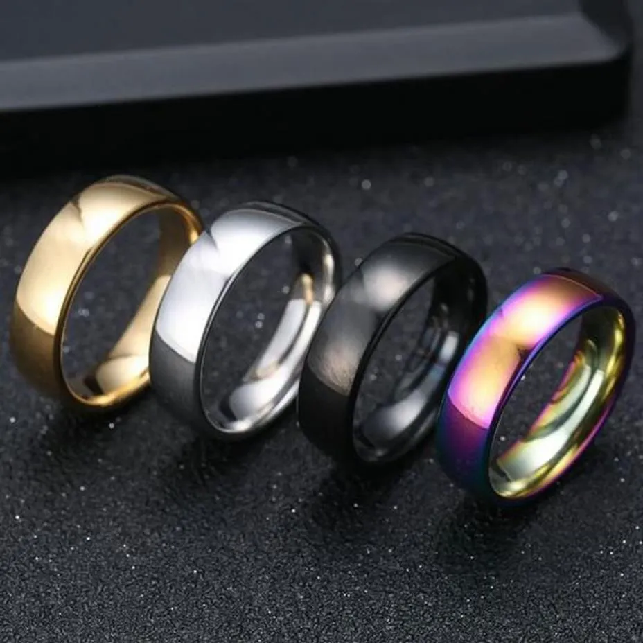 Lotti sfusi 100 pezzi Mix lotto ORO ARGENTO NERO ARCOBALENO 6mm Anelli nuziali in acciaio inossidabile Anelli di fidanzamento a fascia semplice unisex 229Y