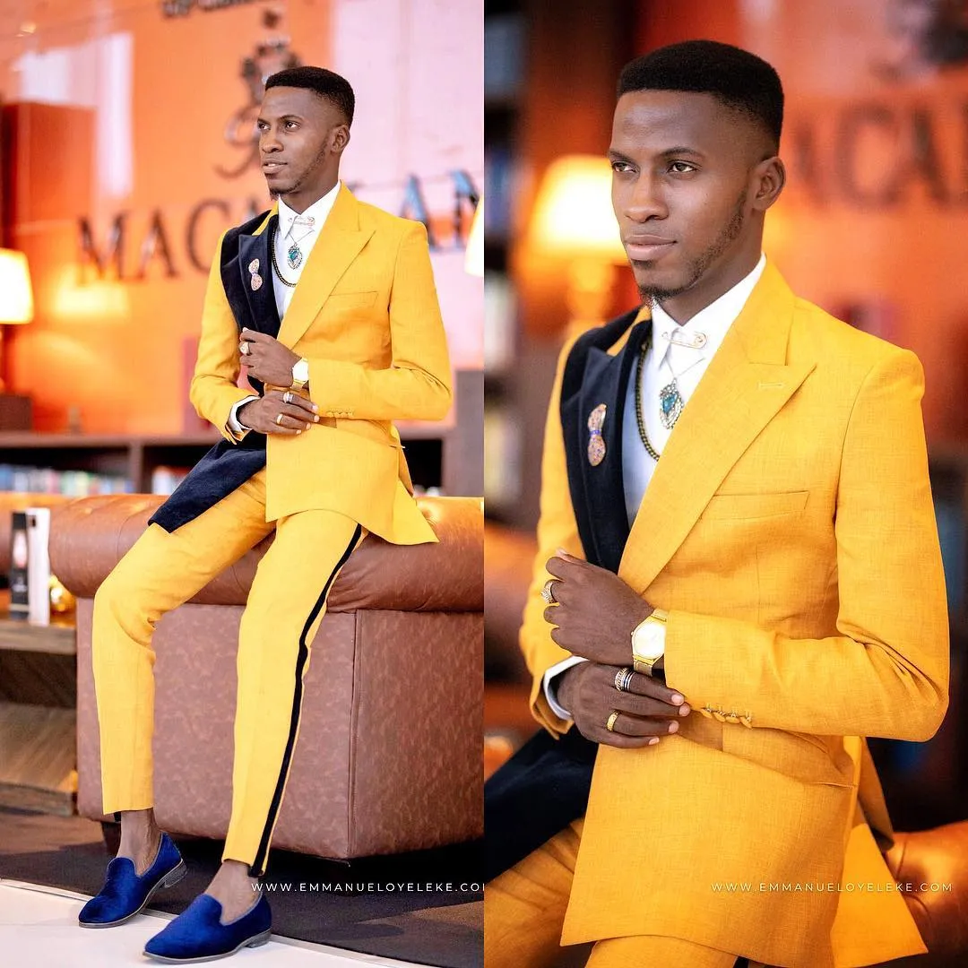 Men s Slim Fit 2Pcs Wedding Tuxedos Yellow Black One Button Peaked Lapel Blazers Formal Suit