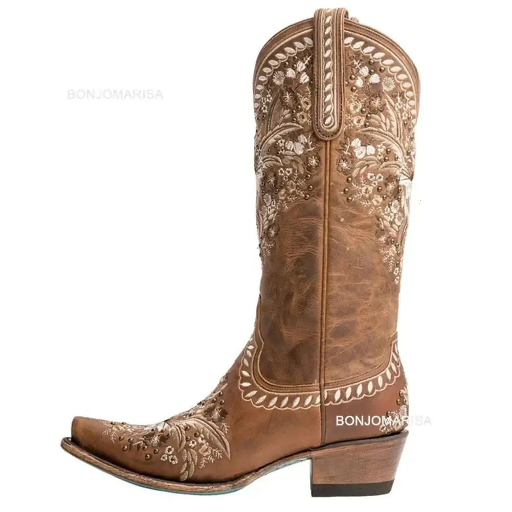 Stiefel Bonjomarisa Ladies Plattform Chunky Cowboy Stickerei Slip auf westlichen Stiefeln Frauen, die florale Freizeit Freizeit Ridding Boots 231009 nähen