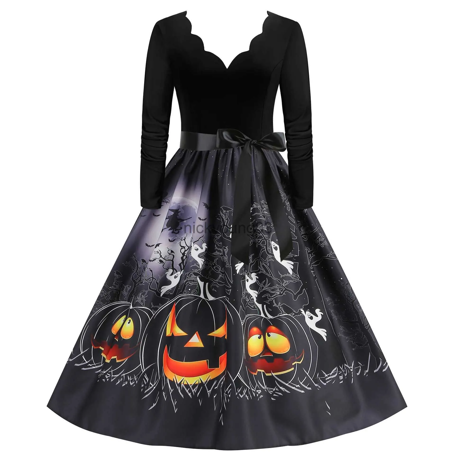 Themakostuum Zwart Gothic Halloween-kostuums Feestjurken voor vrouwen 2023 Nieuwe Lange mouw Enge Cosplay Nachtmerrie Pinup Print Vestidos S-3XL x1010