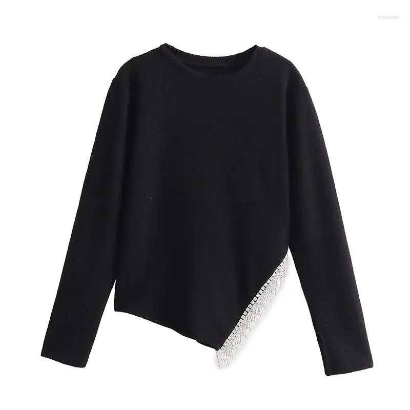 Kvinnors T -skjortor Fashion Women Tassel Trim Asymmetrical Hem Soft Black Shirt Autumn Tees