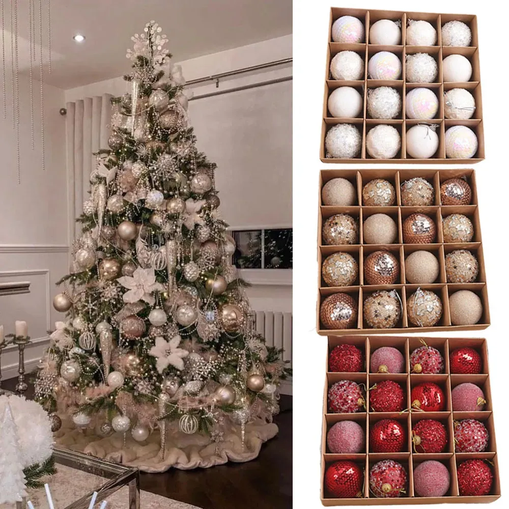 Christmas Decorations 16pcs/box 6CM Christmas Ball Ornaments Champagne Gold Red Glitter Foam Ball Crafts for Xmas Tree Hanging Pendant Gift Navidad 231009