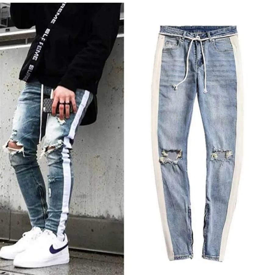 Jeans masculinos homem 'side stripe zíper designer ins estiramento buraco quebrado preto hip hop sportswear cintura elástica corredores pant288i