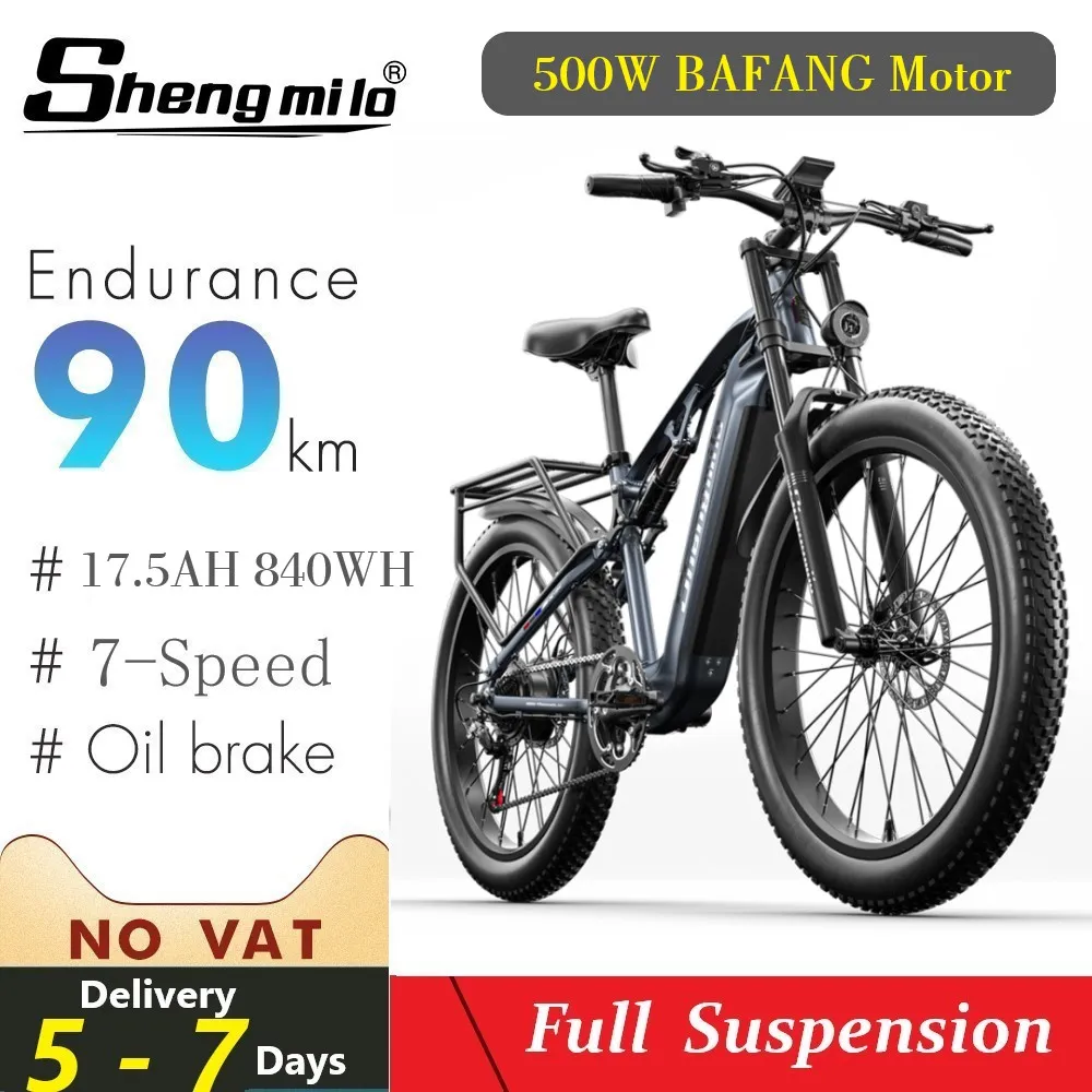 26 tum elektrisk cykel E-cykel 500 W 840WH Electric Mountain Bike City Fat Tire Moped Shimano 7 Speed ​​Mtb Shengmilo E Bikes Snowbike 17.5AH 48 V Men's Recreational Bike