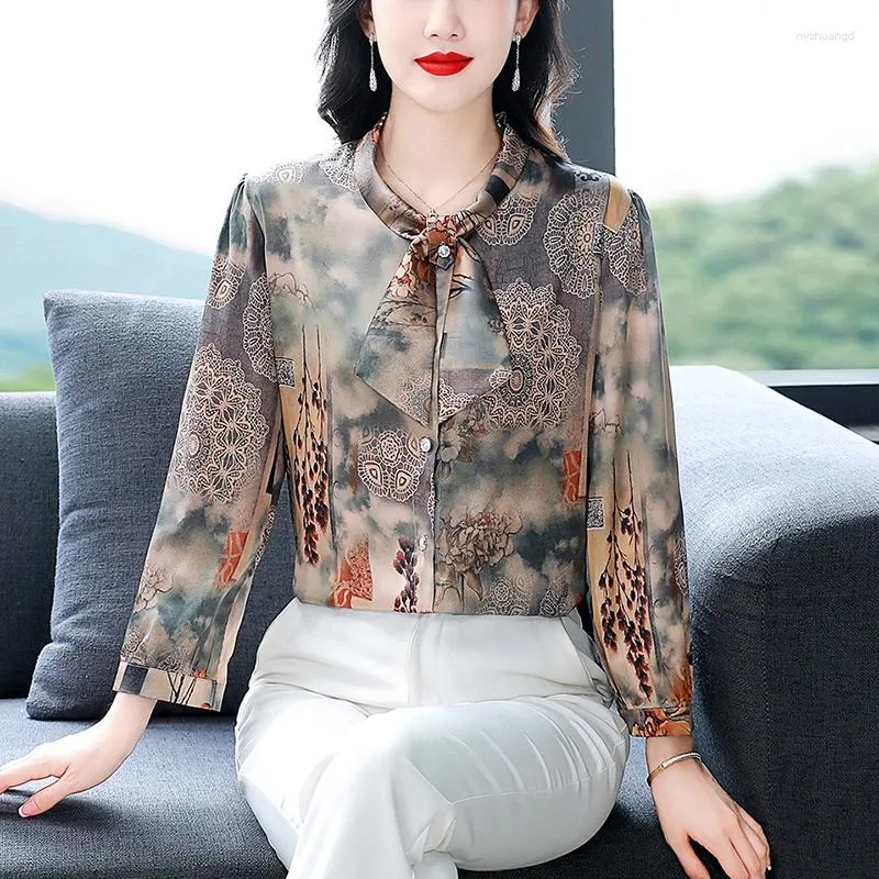 Women's Blouses Satin Shirts Spring/Summer 2023 Silk Vintage Prints Bow Ladies Clothing Loose Long Sleeves FASHION Tops