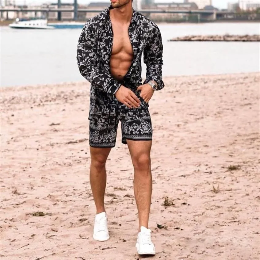 Tracksuits masculinos moda homens define verão 2021 lapela impressão camisas de manga longa calças curtas casual juventude magro praia terno tendência m252p