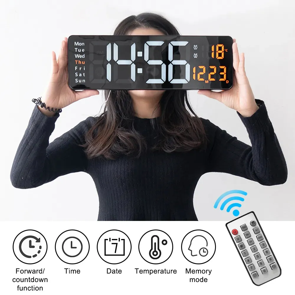 Wall Clocks Wall-mounted Digital Wall Clock with Adapter Remote Control Date Week Display Table Alarm Clock Large LED Clock LivingRoom Decor 231009