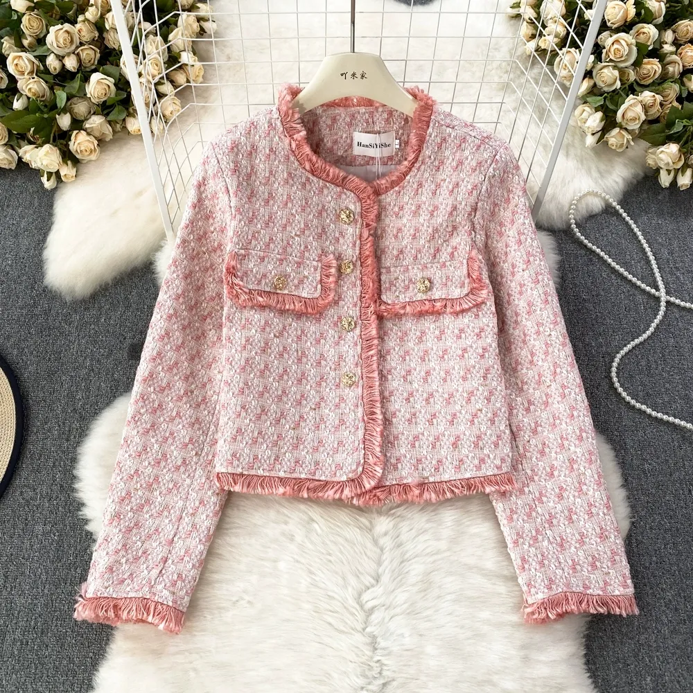 French style small fragrant style short jacket for women in autumn and winter high-end temperament small figure tweed tassel jacket top