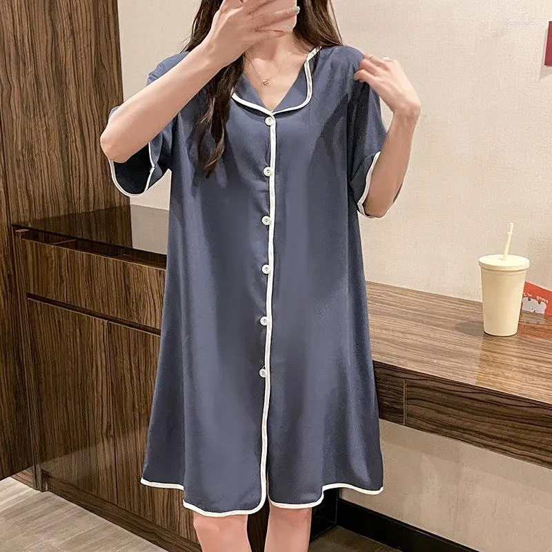 Women's Sleepwear Plus Size M-4XL Nightgown Summer Sweet Short Sleeve Home Dress Ice Silk Night Skirt Cardigan Cute Korean Gown