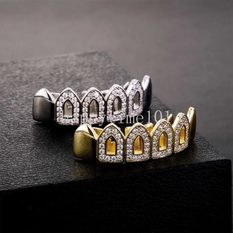 Hip Hop Holle Iced Out 6 Tand Grills Diamant Tandheelkundige Mond Tanden Grillz Bretels Set 14k Echt Vergulde Zirkonia Halloween Lichaamsdecoratie Sieraden