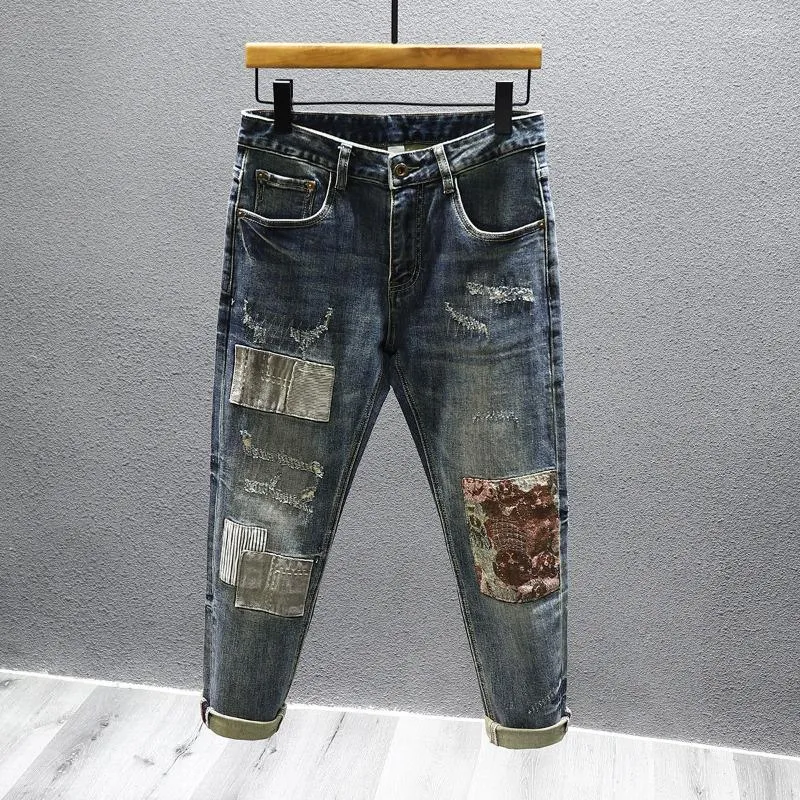 Erkekler Kişisel Kişiselleştirilmiş Moda Tasarımcısı Erkekler için 2023 İnce streç hip hop patchwork Erkek Retro Street Denim Pantolon