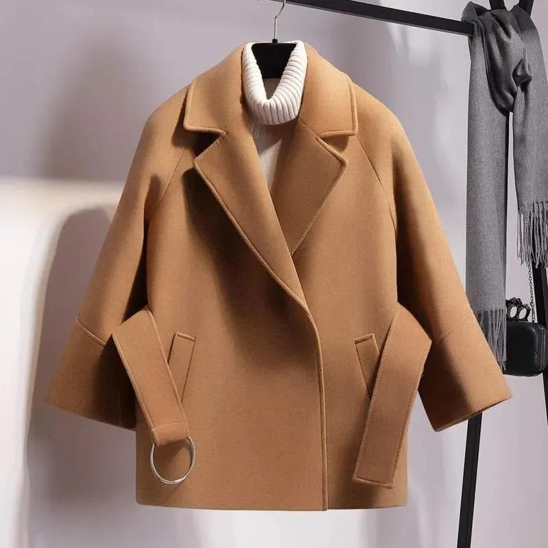 Mulheres misturas de lã moda casual senhoras casaco curto cor sólida solto cáqui lapela topo feminino cinto de lã jaqueta 231010