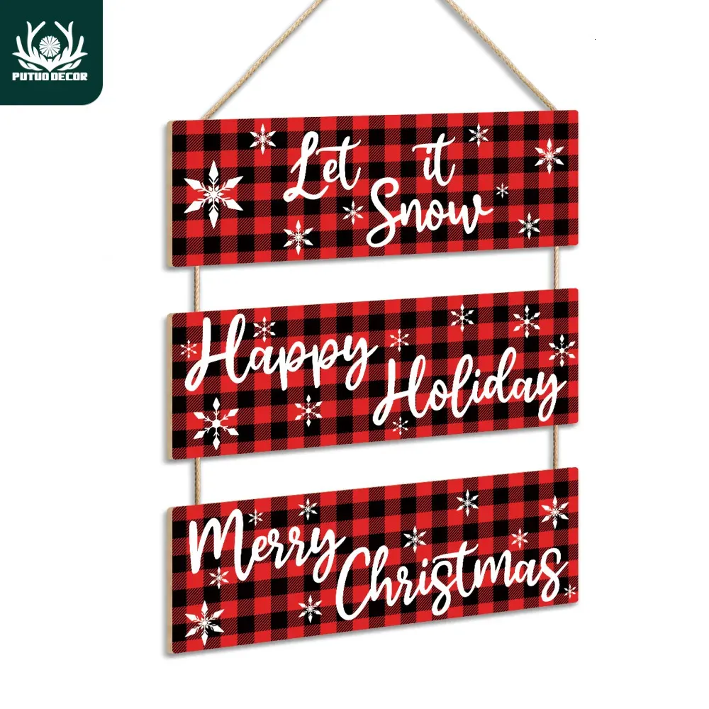 Christmas Decorations Putuo Decor 1pc Christmas Hanging Wood Wall Sign Let It Snow Happy Holiday Merry Christmas Hanging Signs Wall Decor for Home X 231009