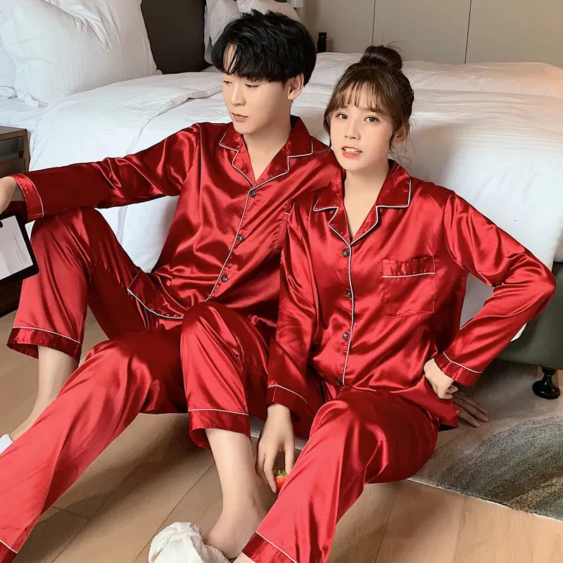 Mens Sleepwear Solid Color Silk Satin Pajamas Couple Set Long ButtonDown Pyjamas Suit Pijama Women Men Loungewear Plus Size Pj 231010