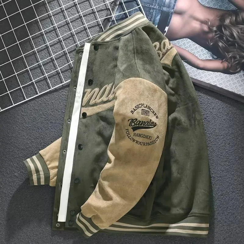 Kurtki męskie zamsz koszulka baseballowa jesieńsko -jesienne amerykański płaszcz vintage SpringAutumn Loose Top Hafdery Pilot Trend 231010