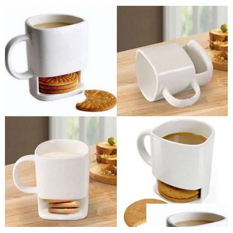 Mugs Ceramic Mug White Coffee Tea Biscuits Milk Dessert Cup Side Cookie Pockets Holder For Home Office 250Ml Kka3109 Home Garden Kitch Dhlzz