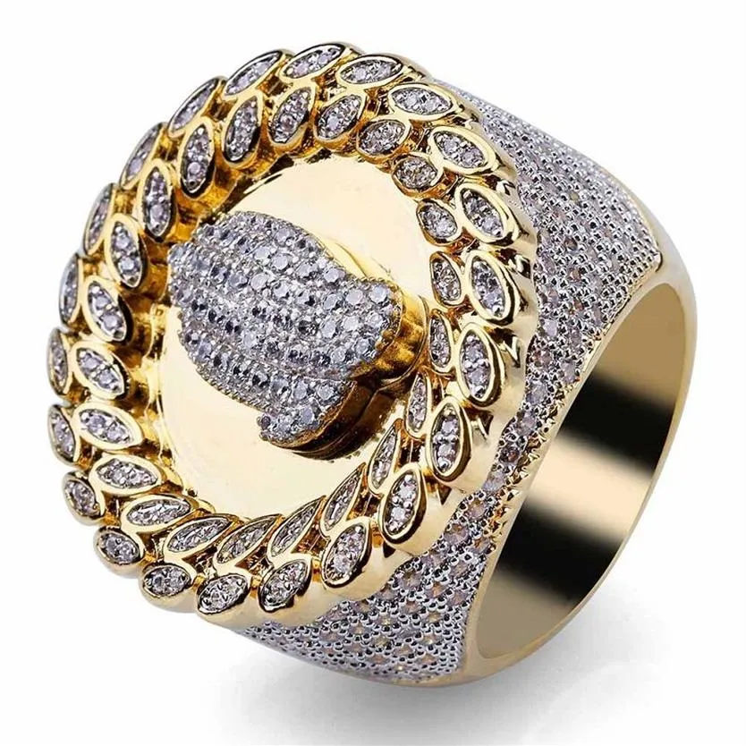 Mens Hip Hop Iced Out Anéis Nova Moda Ouro Oração Mão Anel Jóias Simulação de Alta Qualidade Diamante Ring241j