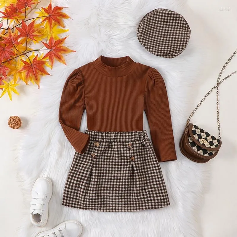 Clothing Sets Vintage Autumn Children Girls Ribbed Turtleneck Long Sleeve T-shirts Plaid Print Button Mini Skirts Hats Outfits