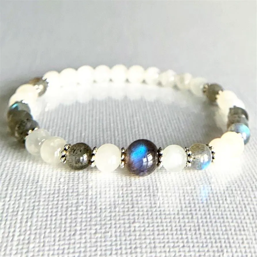 MG0763 Bracciale da donna in labradorite con pietra di luna di grado A da 6 mm Bracciale da donna con chakra curativo per chakra del cuore, braccialetto Dainty Yoga Mala2385