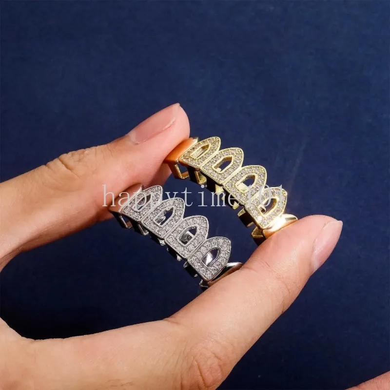 Hip Hop Holle Iced Out 6 Tand Grills Diamant Tandheelkundige Mond Tanden Grillz Bretels Set 14k Echt Vergulde Zirkonia Halloween Lichaamsdecoratie Sieraden