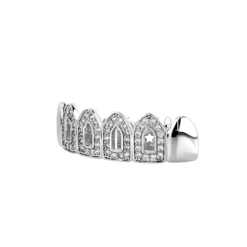 Hip Hop Hollow Iced Out Up 6 dents grils Diamond Dental Mouth dents Grillz Grillz Set 14k Real Gold plaqué Cubic Zirconia Halloween Body Decoration Bijoux