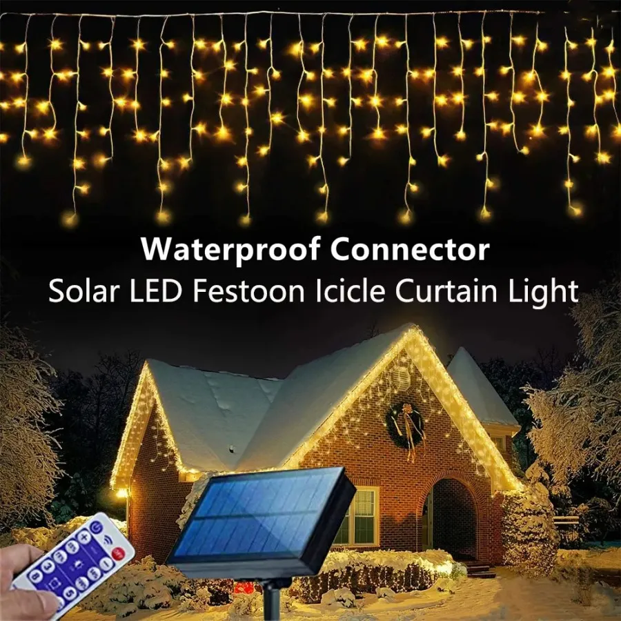 Solar Street Guirlande Huis Kerstverlichting Tuindecoratie Ornamenten Outdoor LED Festoen Ijspegel Gordijn Lichten Droop 0.8M