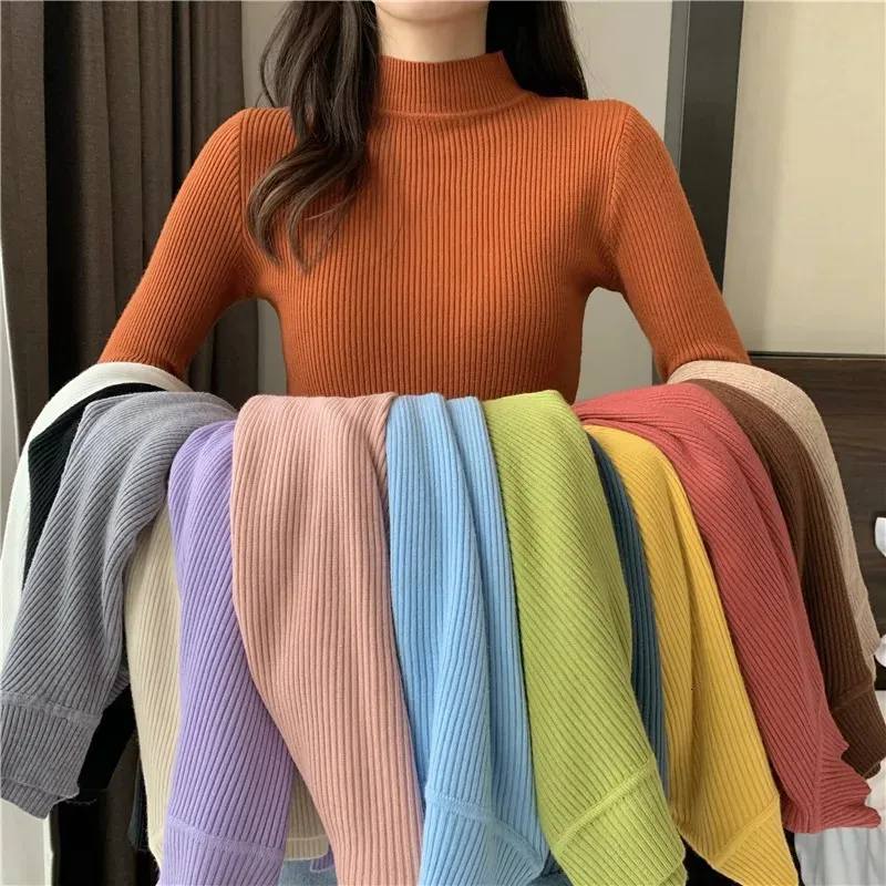 Suéteres femininos Jocoo Jolee Outono Básico Bottoming Sweater Top Mulheres com nervuras Soft Mock Neck Elástico Pulôver Quente Cor Sólida Slim Jumper 231010