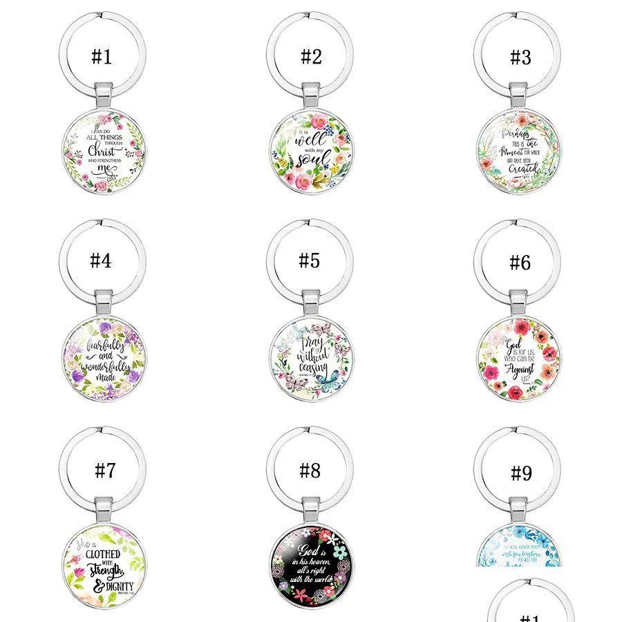 Keychains Lanyards Catholic Rose Scripture Keychains 남성 남성 기독교 성경 유리 매력 키 체인 패션 릴린 보석 ACCE DHCLI