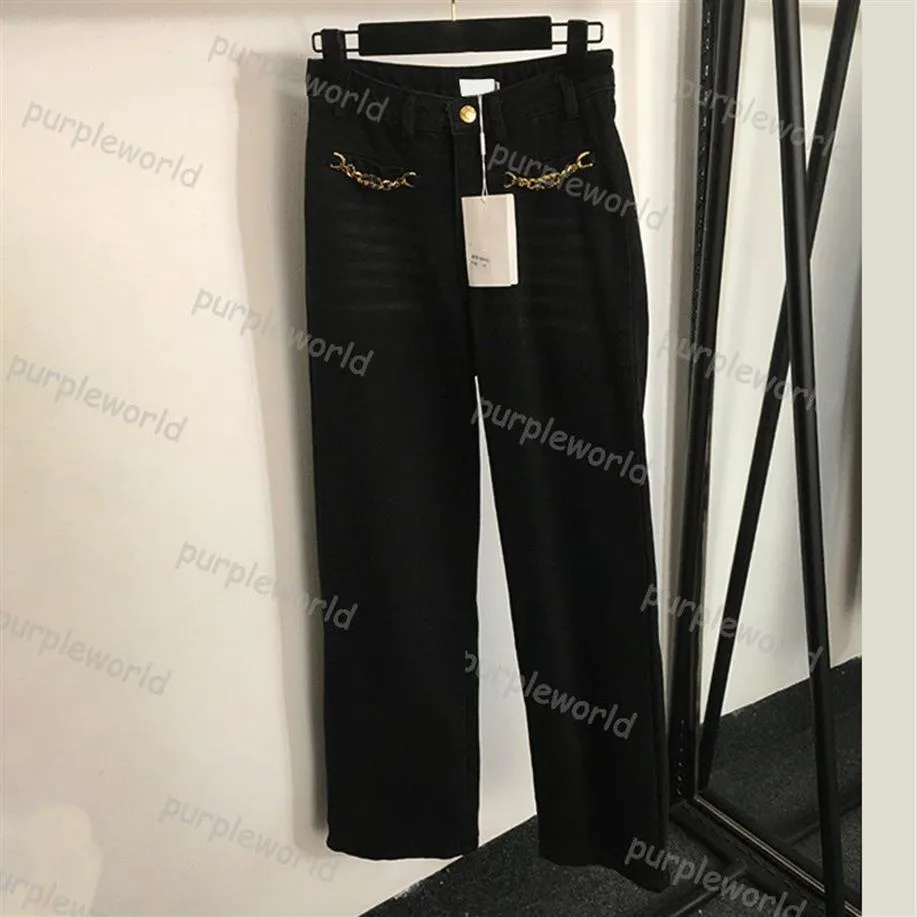 Dżinsy damskie wysokie pasy proste spodnie łańcuch sprzętowy Dekorowane mody dżinsy szerokokątne spodnie 266V