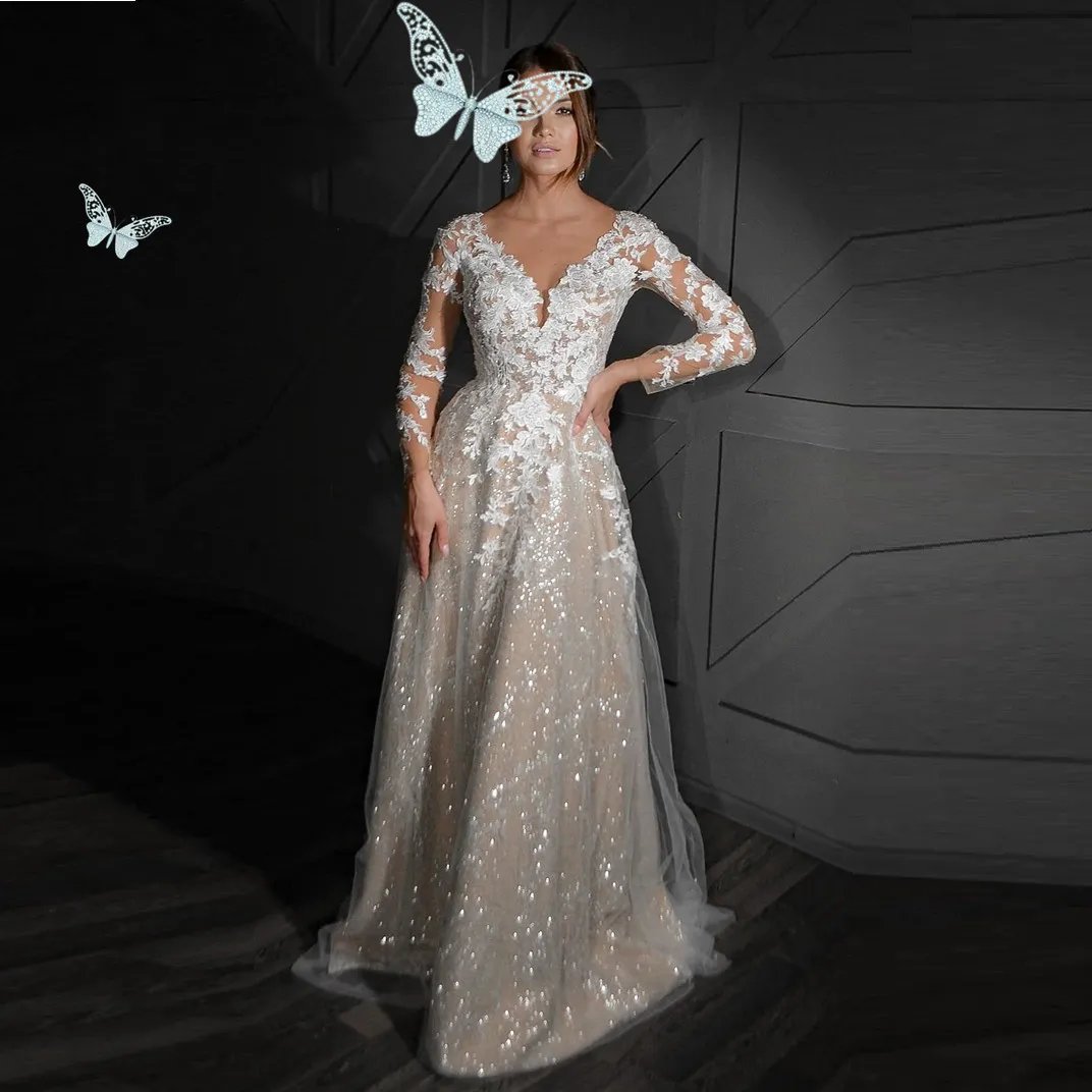 V-Neck Wedding Dress Tulle Lace Appliques Pleat Bride Gown Long Sleeve Illusion Zipper Vestidos De Noiva
