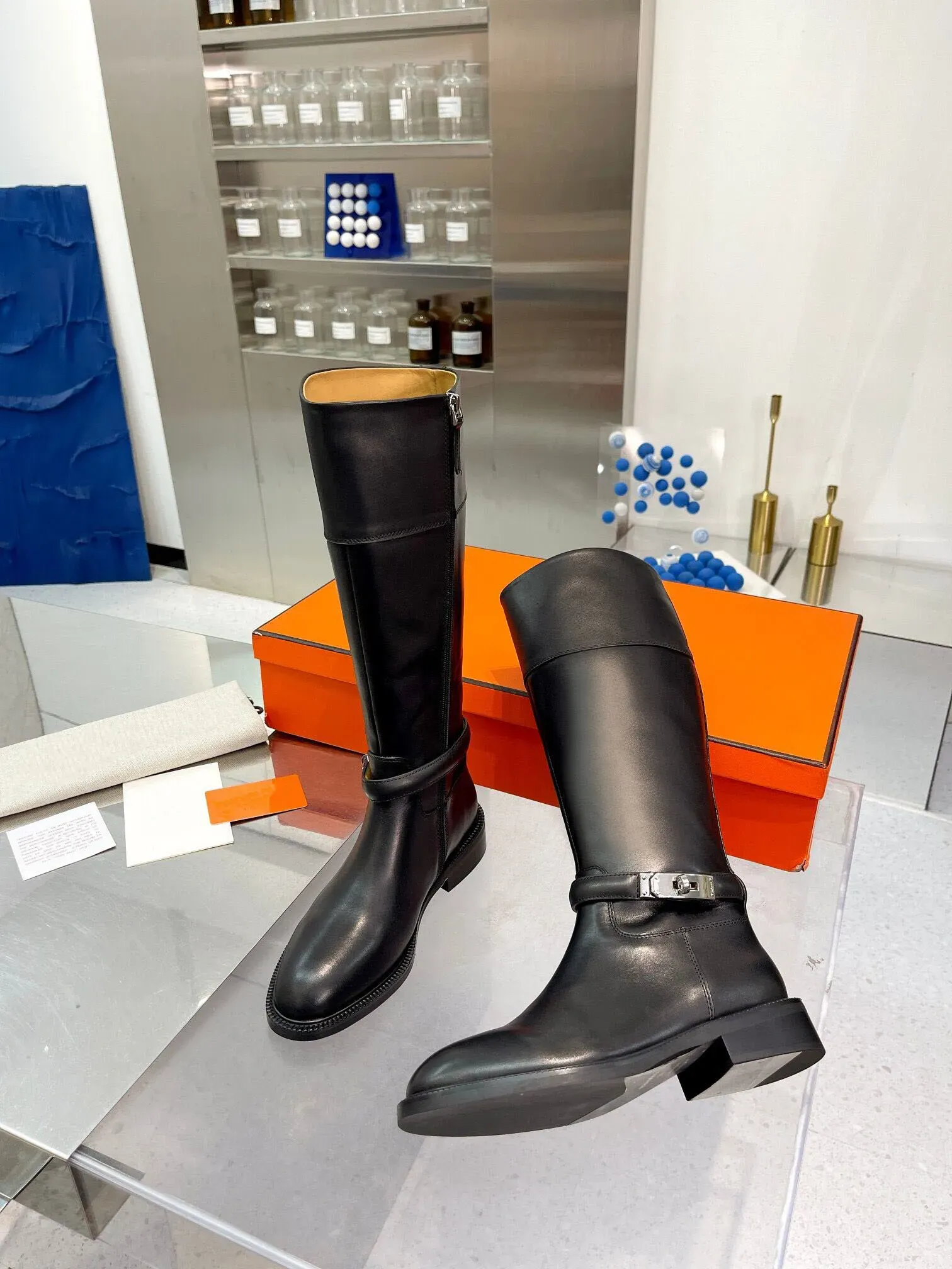 Ladies flat calf store length boots