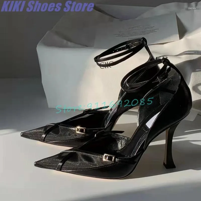 Zapatos de vestir Hermosas correas cruzadas Tacón alto para mujeres en verano Stilettos de malla con punta fina y puntiaguda