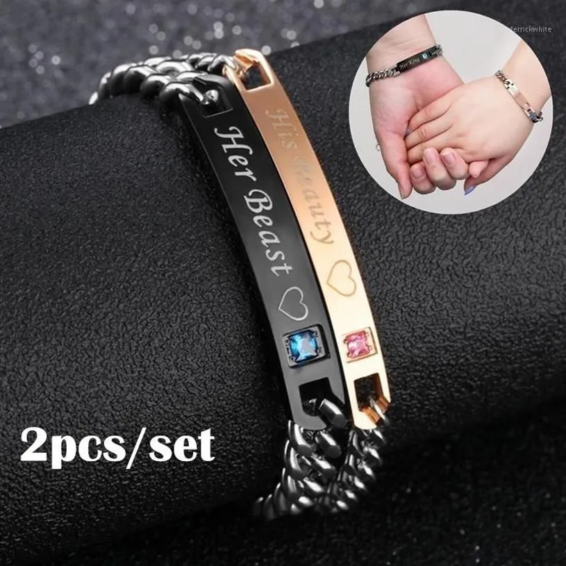 Link chain 2 pçs conjunto casal pulseira sua rainha seu rei carta de aço inoxidável cristal charme pulseiras para mulheres acessórios masculinos j353q