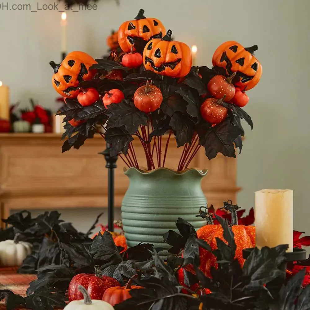 Other Event Party Supplies Halloween Fake Smiling Face Pumpkin Silk Maple Leaves Bouquet for Party Thanksgiving Day Home Fireplace Table Autumn Fall Decor Q231010