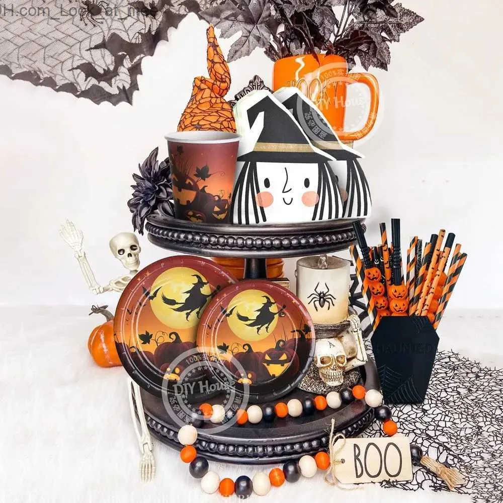 Andra evenemangsfestleveranser 1Set Halloween Disponertabell Pumpkin Ghost Witch Tryckt pappersplattor Strån för Halloween Home Party Table Decorations Q231010