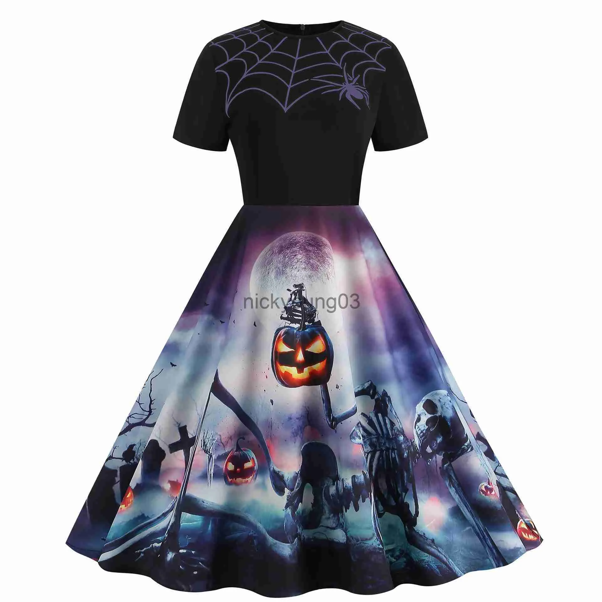 Kostium motywu Gotycki Halloween Kobiety sukienki na imprezę 2023 Vintage Femme Spiderweb Szkielet nadruk krótki rękaw Scarey Holloween Cosplay Costumes x1010