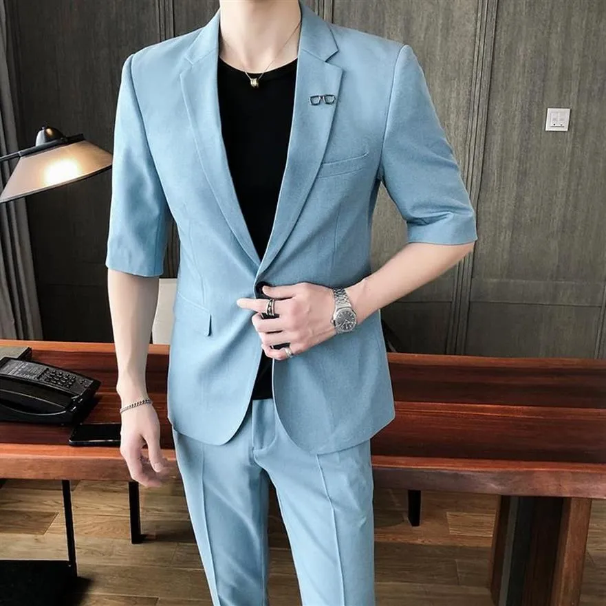 Light Blue Summer Red Suits For Mens 2 Pcs Pink Dresses Elegant Gentlemen White Classic Blazers Sets Pants Party Wear Men's &294V