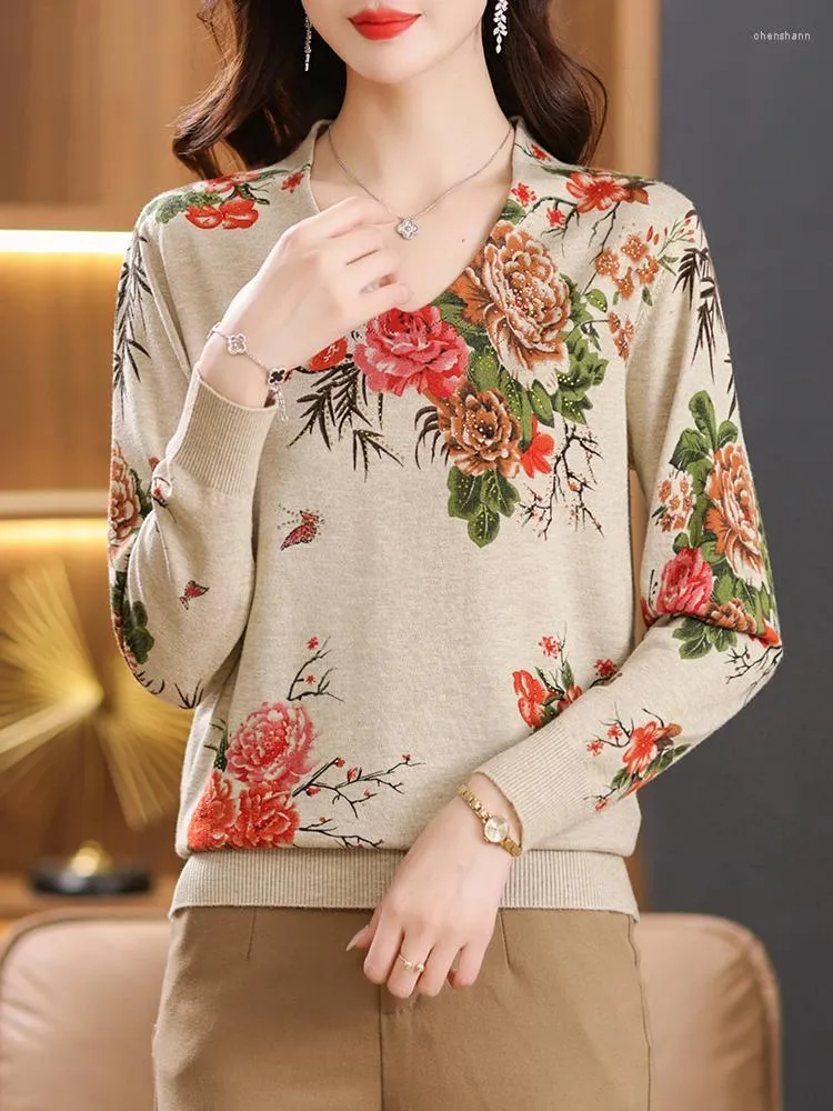Maglioni da donna Stampa floreale Primavera Autunno Moda coreana Pullover Top a maniche lunghe Blusas Femme Maglione con scollo a V Maglieria
