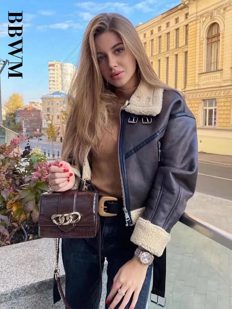 Womens Leather Faux Womans Fashion Thick Warm Shearling Jacket Coat Vintage Long Sleeve Belt Hem Female Outerwear Chic Tops 231010