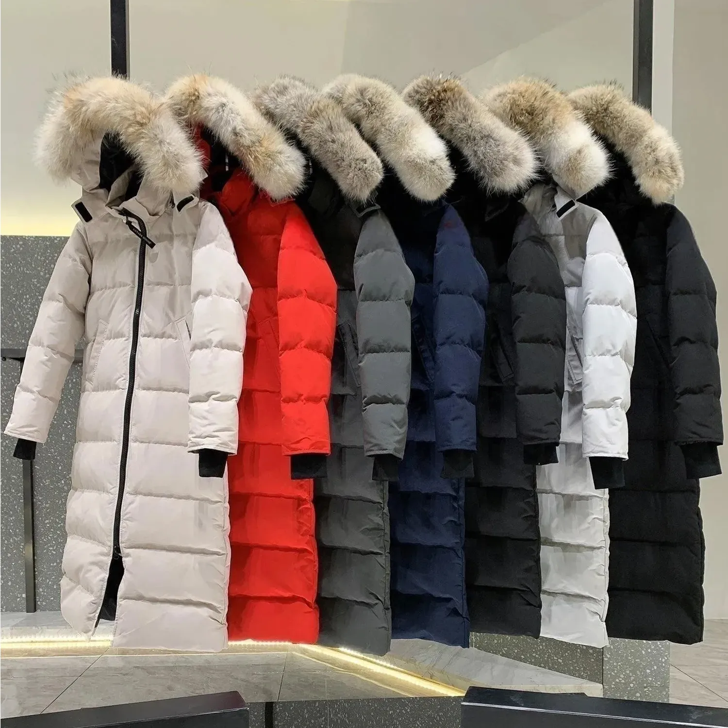 Designer Down Vestes Long Sur Genou Polaire Gooses Mystique Hiver À Capuchon Amovible Manteau Parka Femmes Hommes Noir Casual