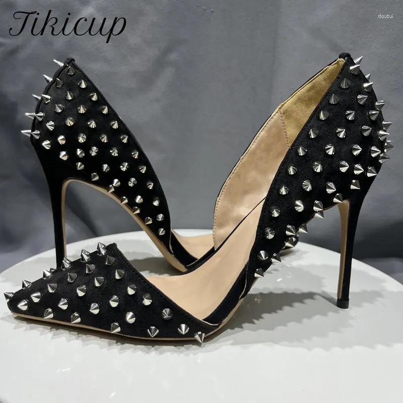 Sapatos de vestido Tikicup Black Flock Pointy Toe Side Cut Salto Alto com Spikes Sexy Camurça Deslizamento em Bombas de Stiletto para Festa Mostrar Casamento