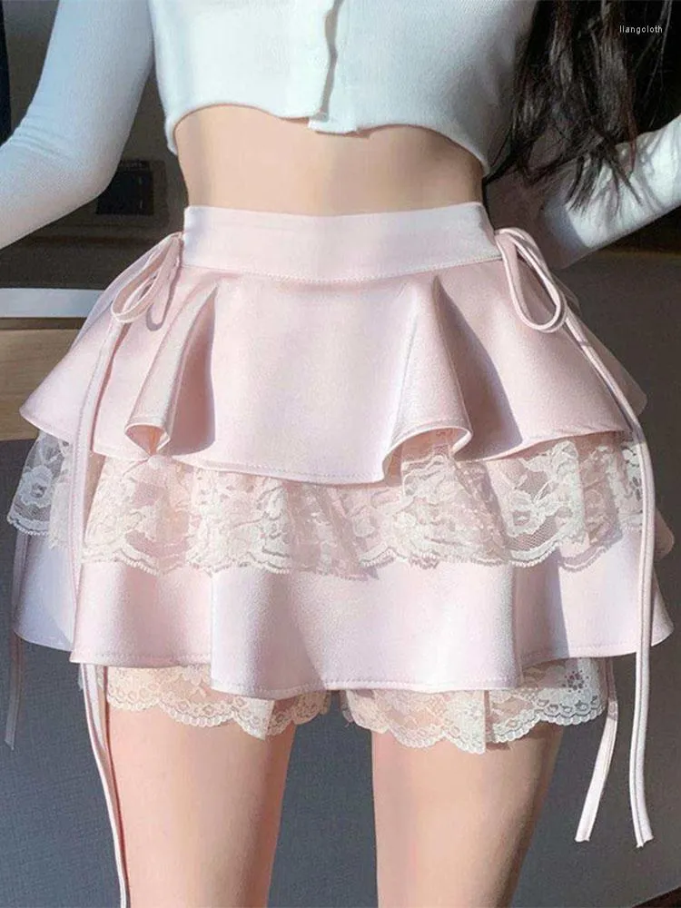 Saias Kawaii Rosa Ruffle Mini Saia Mulheres Fairycore Lace Dupla Camada Cintura Alta Bandagem Sexy Curto Verão Bonito Lolita