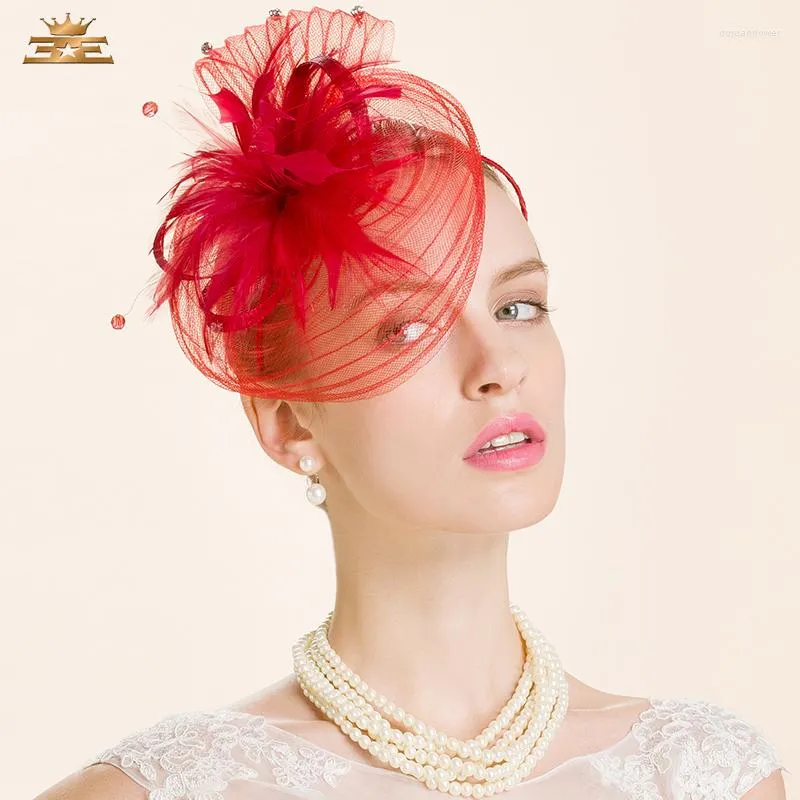 Bérets mode dames rouge fleur chapeau lin mariée pilulier chapeaux avec voiles pour femmes robe de mariée accessoires B-8229