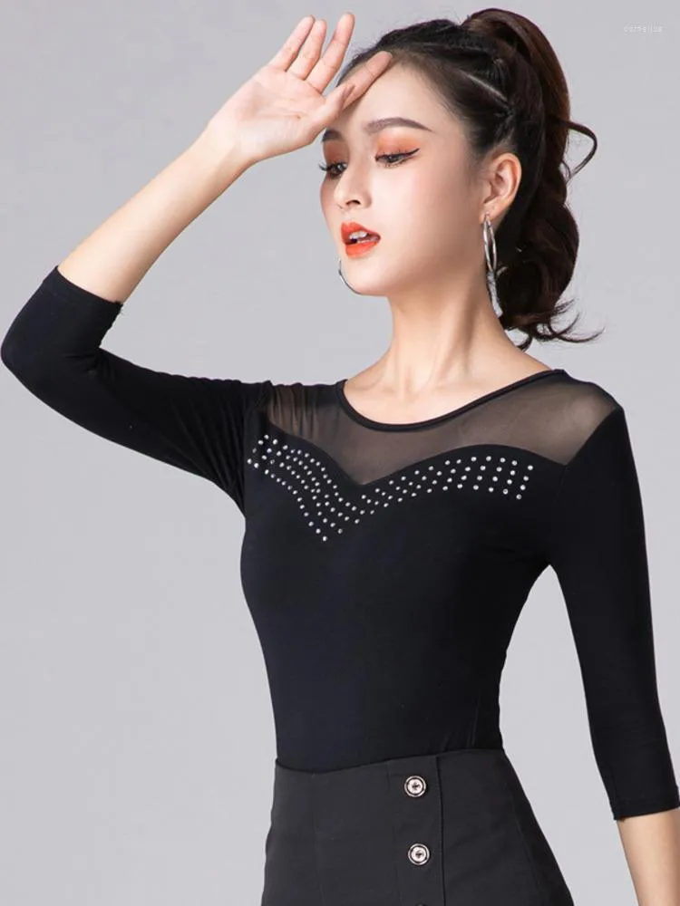 Stage Wear Solid Color Latin Dance Modern Tops Mesh Patchwork Middle Sleeve Costume Evening T-shirt Belly Women Rhinestones Dancewear