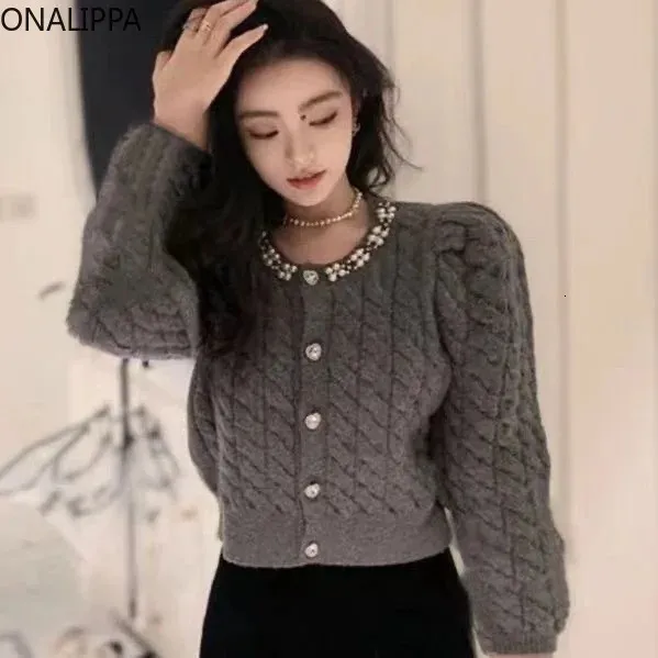 Womens Knits Tees Onalippa Small Fragrance Beaded Knitted Cardigan Hemp Pattern Single Breasted Cropped Cardigans Korean Chic Design Sweater 231010