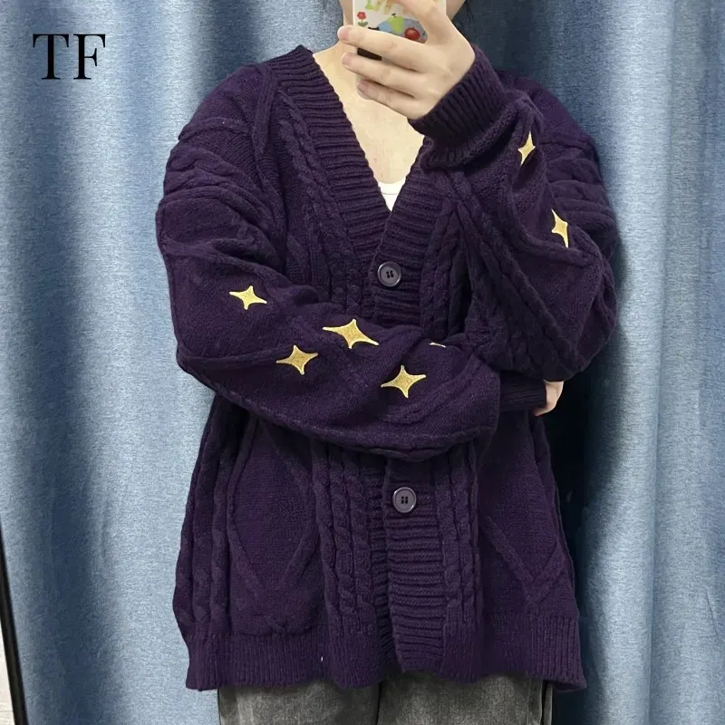 レディースニットティーは今や暗い紫色のカーディガンの女性秋の星刺繍入りセータールーズニットカーディガンvネックテイlorセーターコート231010