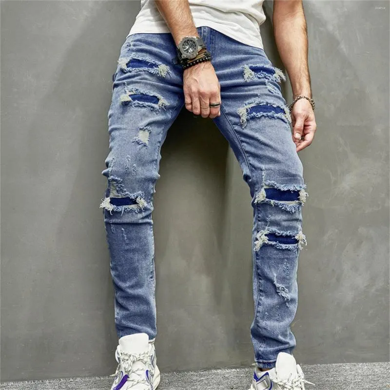 Jeans masculinos magros rasgados homens estiramento denim relaxado calças sólidas múltiplas patch design fino streetwear casual 2023