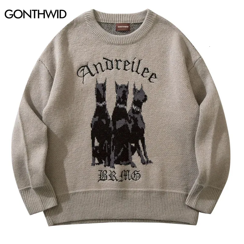 Suéteres masculinos Homens Vintage Sweater Y2K Streetwear Hip Hop Vintage Malha Doberman Dog Sweaters Outono Harajuku Moda Retro Casual Sweaters 231010